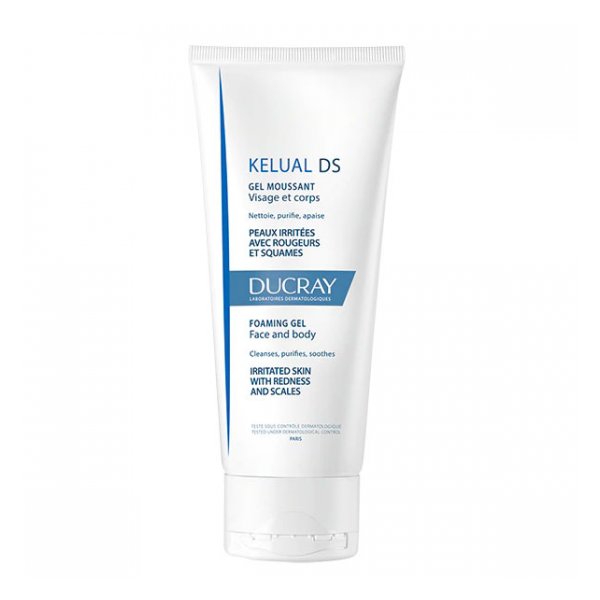 Weißer Tubenflakon mit blauem Label, enthält schäumendes Gel für gereizte Haut von Ducray.