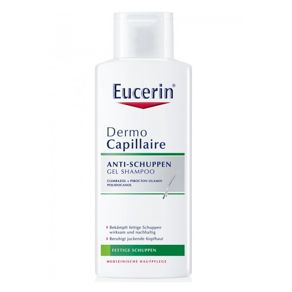 Flasche Eucerin Dermo Capillaire Anti-Schuppen Gel Shampoo für fettige Schuppen mit beruhigender Wirkung.