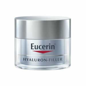 Hyaluronsäure-Creme in einem rundlichen, klaren Glasbehälter mit metallischem Deckel und Eucerin-Logo.