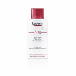 Eucerin pH5 Lotion in weißer Flasche mit rotem Deckel, beruhigt strapazierte Haut.