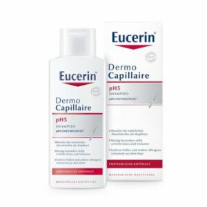 Eucerin Dermo Capillaire pH5 Shampoo in Flasche und Umverpackung, speziell für empfindliche Kopfhaut.