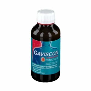 Braune Glasflasche mit weißem Schraubverschluss und blauer Etikettgestaltung für Gaviscon zur Behandlung von Sodbrennen.
