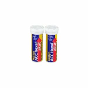 Zwei Röhrchen Husten ACC Hexal akut mit gelb-blauer Verpackung und rotem Pfeil nach oben.