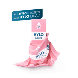 Verpackung von HYLO DUAL® in pink mit Aufschrift, umwickelt von einer pinken Tuchverpackung von HYLO-PROTECT.