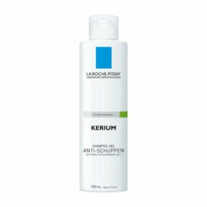 Flasche mit La Roche-Posay KERIUM Anti-Schuppen Shampoo-Gel für fettige Schuppen, 200 ml, weiß mit blauer und grüner Markierung.