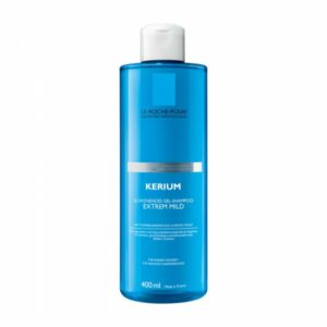 Blauer Shampoo-Flasche von La Roche-Posay, mit hellgrauem Etikett und weißem Deckel, 400 ml.