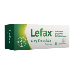 Verpackung von Lefax 42 mg Kautabletten zur Behandlung von Blähungen und Gasbildung, detaillierte Hinweise auf der Box
