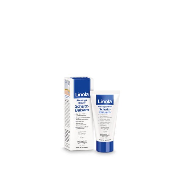 Linola Atmungsaktiver Schutz-Balsam in einer Klappverpackung mit Tube, zur Hautpflege, 50 ml, hergestellt in Deutschland.