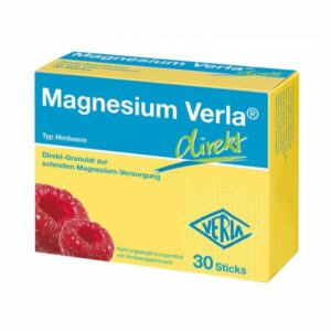 Verpackung von Magnesium Verla in Himbeer-Geschmack, direkt Granulat zur Magnesium-Versorgung.