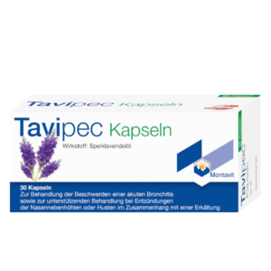 Verpackung von Tavipec-Kapseln mit Lavendelblüten-Illustration, zur Behandlung von Bronchitis und Erkältungen.