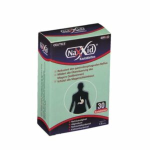Verpackung von NaXid Kautabletten zur Linderung von Sodbrennen und Schutz der Magenschleimhaut.