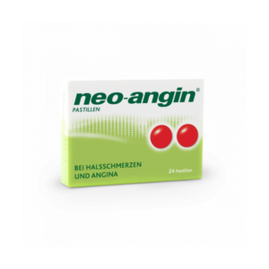 Verpackung von neo-angin Pastillen in Weiß-Grün mit roten Pastillen und der Aufschrift gegen Halsschmerzen.