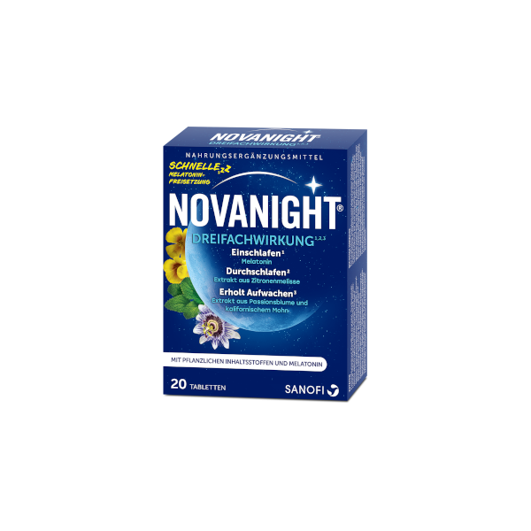 Verpackung von NOVANIGHT mit Hinweis auf die dreifache Wirkung zur Verbesserung des Schlafs und 20 Tabletten.