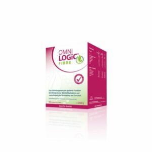Verpackung von OMNi LOGiC Fibre, einem Pulver zur Unterstützung der Dickdarmfunktion, 250 g, vegan und glutenfrei.
