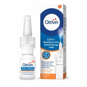 Otrivin Nasenspray 0,05 % in einer weißen Flasche mit transparentem Sprühkopf und Verpackungsschachtel.