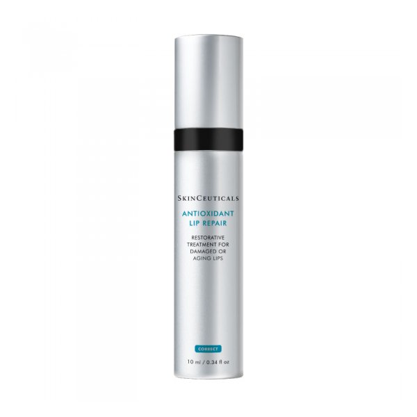 Flasche mit Lippenpflege von SkinCeuticals, silberne Verpackung mit schwarzem Deckel, zur Reparatur beschädigter Lippen.