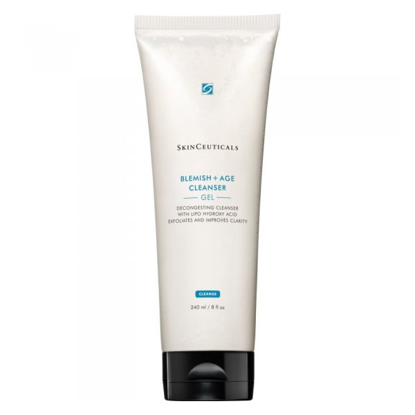 Tube mit Gelreiniger von SkinCeuticals, mit blauen und grauen Schriftzügen, klare Verpackung, 240 ml.