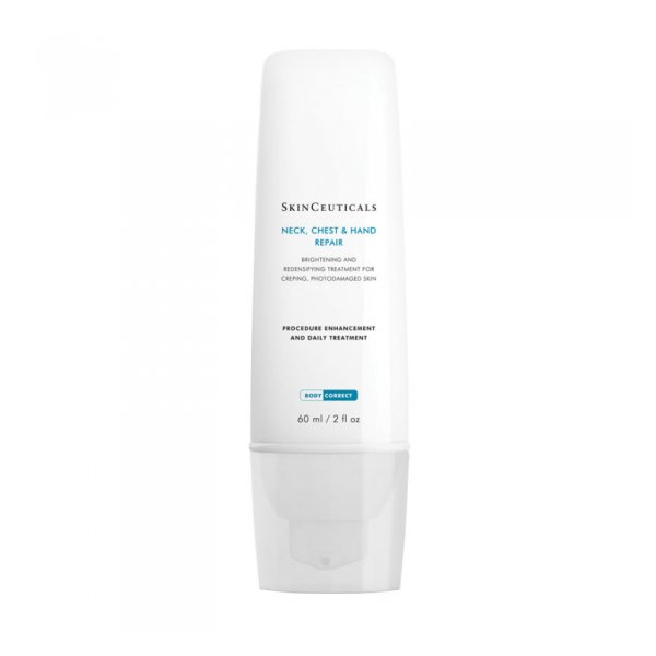 Hautpflegecreme in einem weißen, schmalen Flakon mit Pumpverschluss zur Behandlung von Hautschäden an Hals, Brust und Händen.