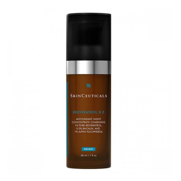 Braunes Fläschchen mit Pumpspender, Bezeichnung "Resveratrol B E" von SkinCeuticals.