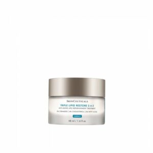 Hautpflegecreme in einem transparenten Tiegel mit silbernen Deckel, gefertigt von SkinCeuticals, für Anti-Aging und Lipidauffüllung.
