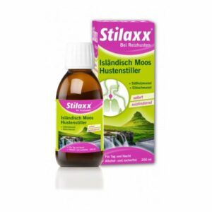 Braune Flasche mit einem Hustenstillmittel und Verpackung, die die Hauptbestandteile und Anwendung anzeigt.