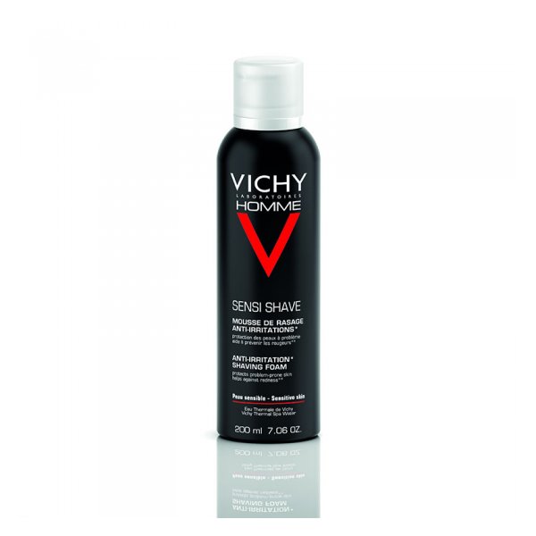 Schwarze Dose mit Rasierschaum für empfindliche Haut, Markierung "Vichy Homme" und Anti-Irritation Hinweis.