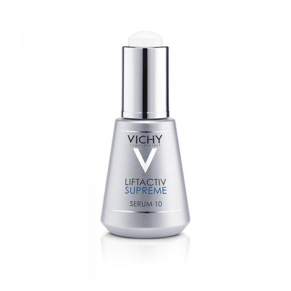 Silbernes Serumfläschchen von Vichy mit blauer Schrift für Liftactiv Supreme Serum 10, mit glänzendem Verschluss.