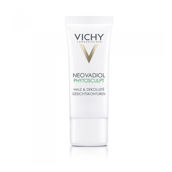 Weißer Pump-Flakon für Vichy Neovadiol Phytosculpt zur Konturierung von Hals und Dekolleté.