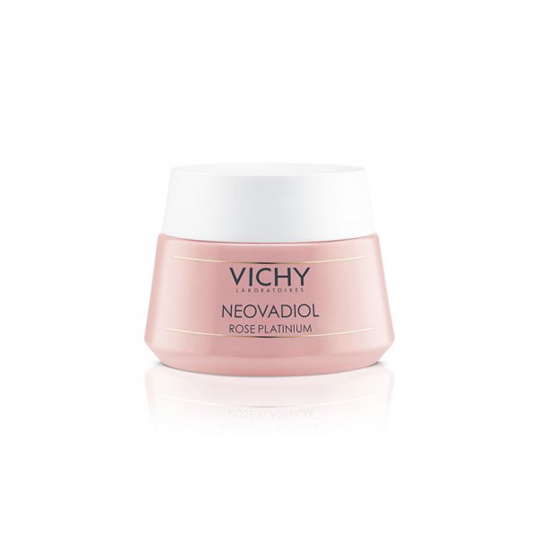 Rosa Creme-Behälter mit weißem Deckel von Vichy, beschriftet mit NEOVADIOL ROSE PLATINIUM.
