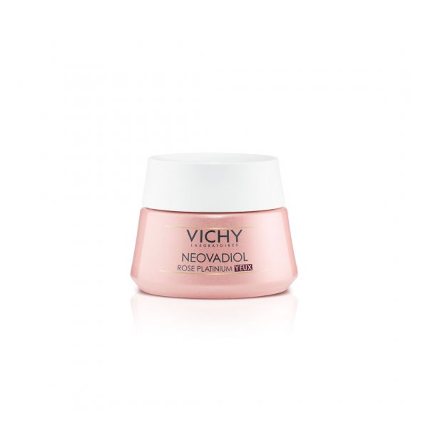 Runde rosa Augencreme-Dose von Vichy mit goldenen Details und dem Schriftzug 'Neovadiol'
