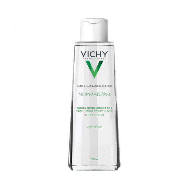 Flasche mit Vichy Normaderm Mizellen Reinigungsfluid 3 in 1 für unreine und empfindliche Haut, 200 ml.