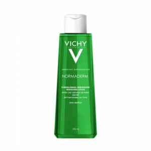 Flasche mit grüner Reinigungs-Lotion von Vichy für unreinere Haut, 200 ml, mit beruhigenden Eigenschaften.
