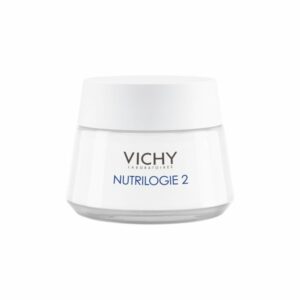Eine weiße Cremedose mit einem klaren Deckel, beschriftet mit "VICHY NUTRILOGIE 2".