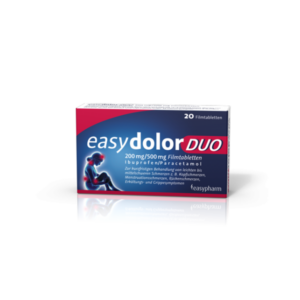 Verpackung von easy dolor DUO, Filmtabletten mit Ibuprofen und Paracetamol zur Behandlung von Schmerzen.