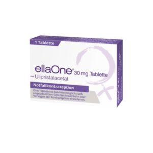Karton mit einer 30 mg Tablette ellaOne zur Notfallkontrazeption, auf lila Hintergrund bedruckt.