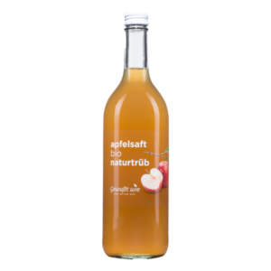 Flasche mit biologischem, naturtrübem Apfelsaft, Etikett zeigt Äpfel und Produktbezeichnung.