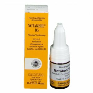 Homöopathisches Arzneimittel Notakehl D5 in einer weißen Flasche mit orangefarbenem Karton, enthält Flüssige Verdünnung.