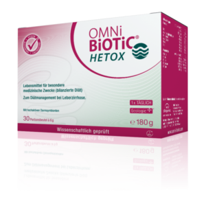 Verpackung von OMNi BiOTiC HETOX, einem diätetischen Lebensmittel für Leberzirrhose mit 30 Portionsbeuteln à 6 g.