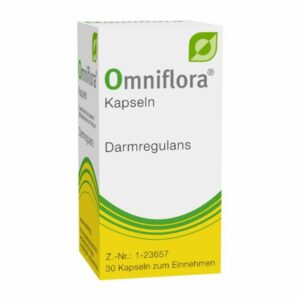 Verpackung der Omnifflora Kapseln für die Darmregulation, mit grünem Logo und gelber Baulinie