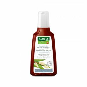 Flasche Weidenrinden Spezial-Shampoo von Rausch mit grünem Label und weißer Schrift, gegen Schuppen und für gereizte Kopfhaut.