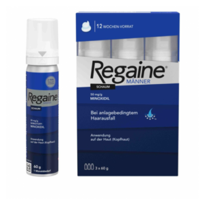 Verpackung von Regaine für Männer, enthält Schaum mit 50 mg/g Minoxidil zur Behandlung von Haarausfall. 12 Wochen Vorrat.