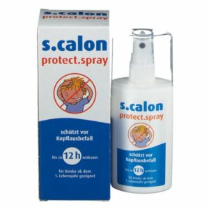 Sprayflasche mit Schutzwirkung gegen Kopflausbefall, verpackt in einer blauen und weißen Box.