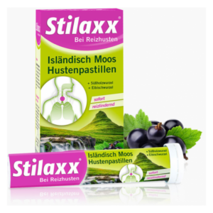 Verpackung von Stilaxx Hustenpastillen mit Abbildung eines menschlichen Atemwegs, isländischem Moos und Kräutern.