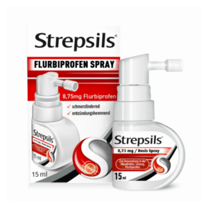 Flurbiprofen Spray von Strepsils in 15 ml Verpackung, schmerzlindernd und entzündungshemmend, mit Dosierspender.