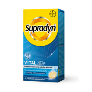 Supradyn Vital 50+ Packung mit gelber und blauer Gestaltung, enthält Brausetabletten mit Orangengeschmack und Vitaminen.