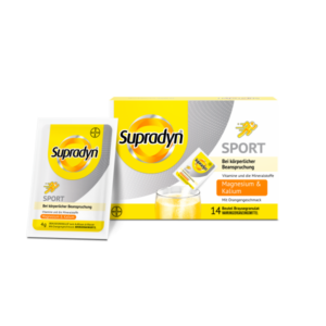 Supradyn Sport Brausegranulat in Weiß mit orangefarbenem Geschmack, verpackt in einem Karton mit 14 Beuteln.