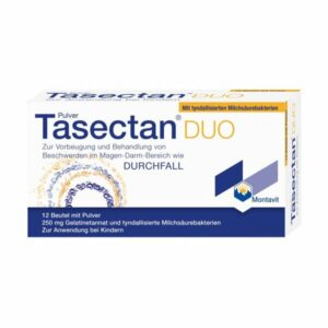 Packung Tasectan DUO Pulver zur Behandlung von Magen-Darm-Beschwerden, 12 Beutel, mit Gelatine und Milchsäurebakterien.