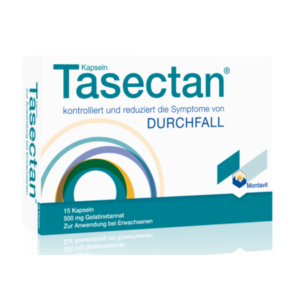 Tasectan Kapseln zur Kontrolle von Durchfall, 15 Kapseln in einer bunten Verpackung von Montavit.