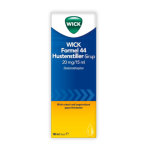 WICK Formel 44 Hustenstiller-Sirup in einer blauen Verpackung mit gelbem unteren Bereich, enthält Dextromethorphanhydrobromid.