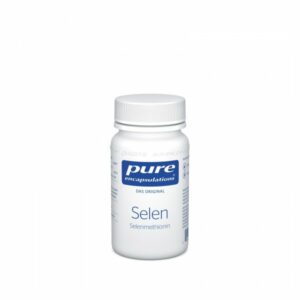 Weißes Fläschchen mit Schraubverschluss, beschriftet mit 'Selen Selenmethionin' von Pure Encapsulations.